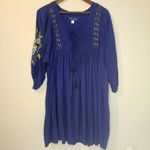 Blue Rain Rayon Embroidered Tunic Blouse Dress Tassels Bohemian Boho Art Floral